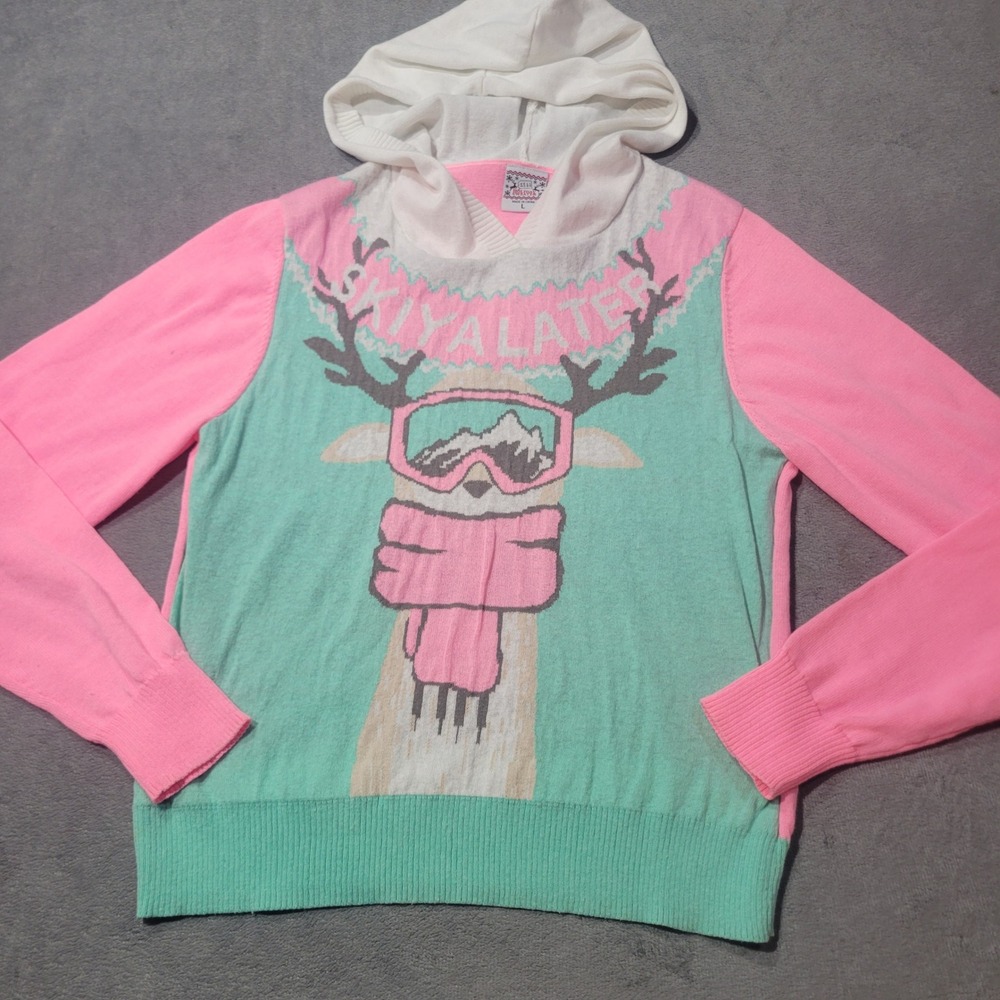 Well Worn Holiday Sweater Womens L Pink Mint Ski Ya Later Deer Graphic Hood Knit